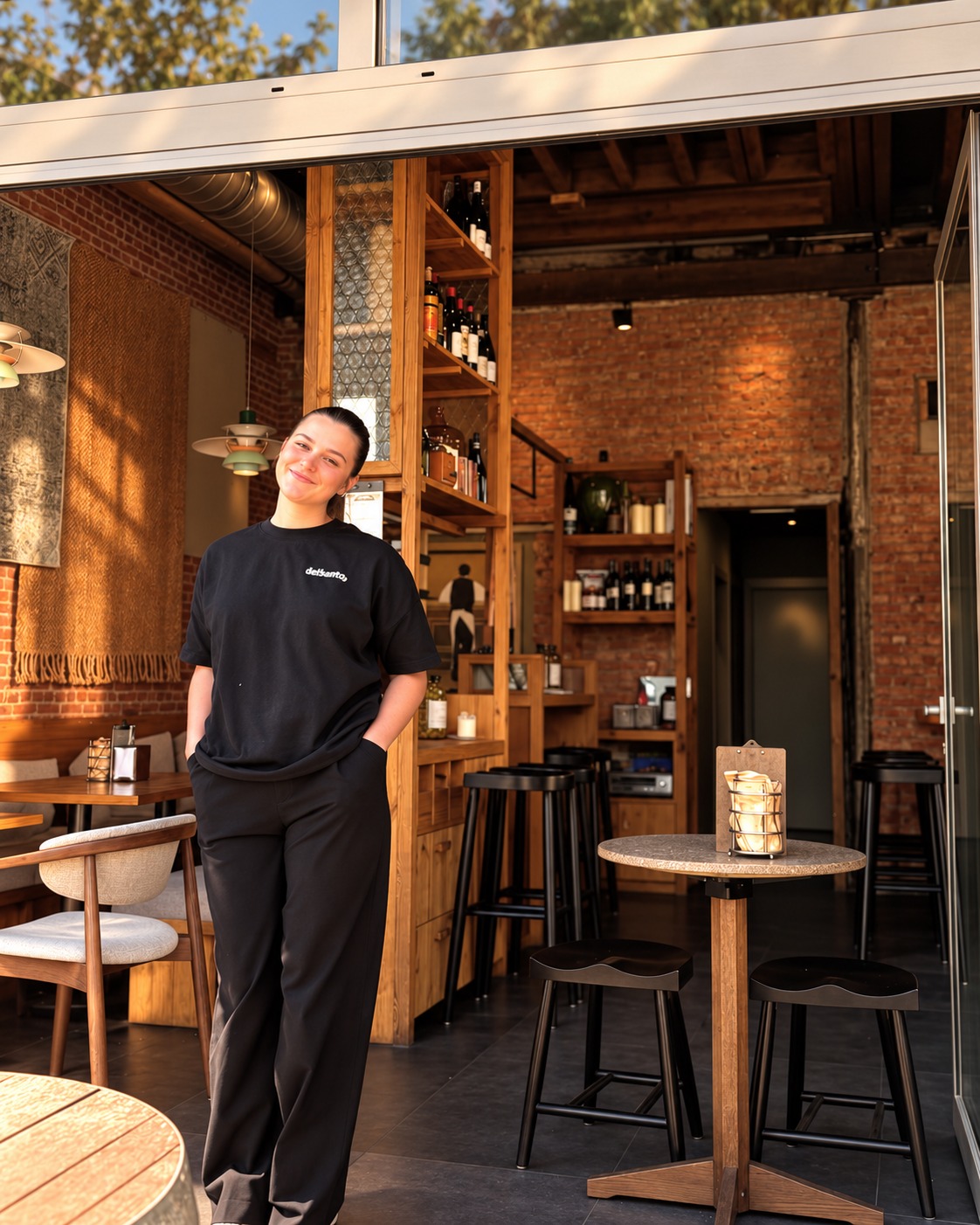 A smiling host leaning in the open doorway of the bar