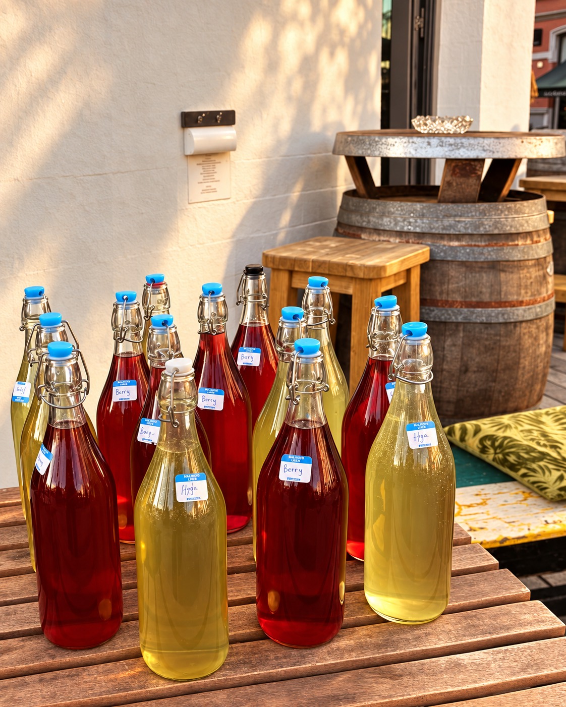 Bottles of house lemonade lined up on the terrace