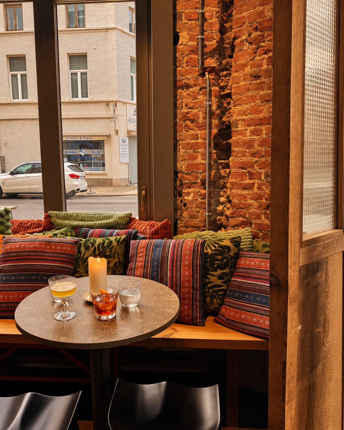 A candlelit window table with cocktails and striped cushions
